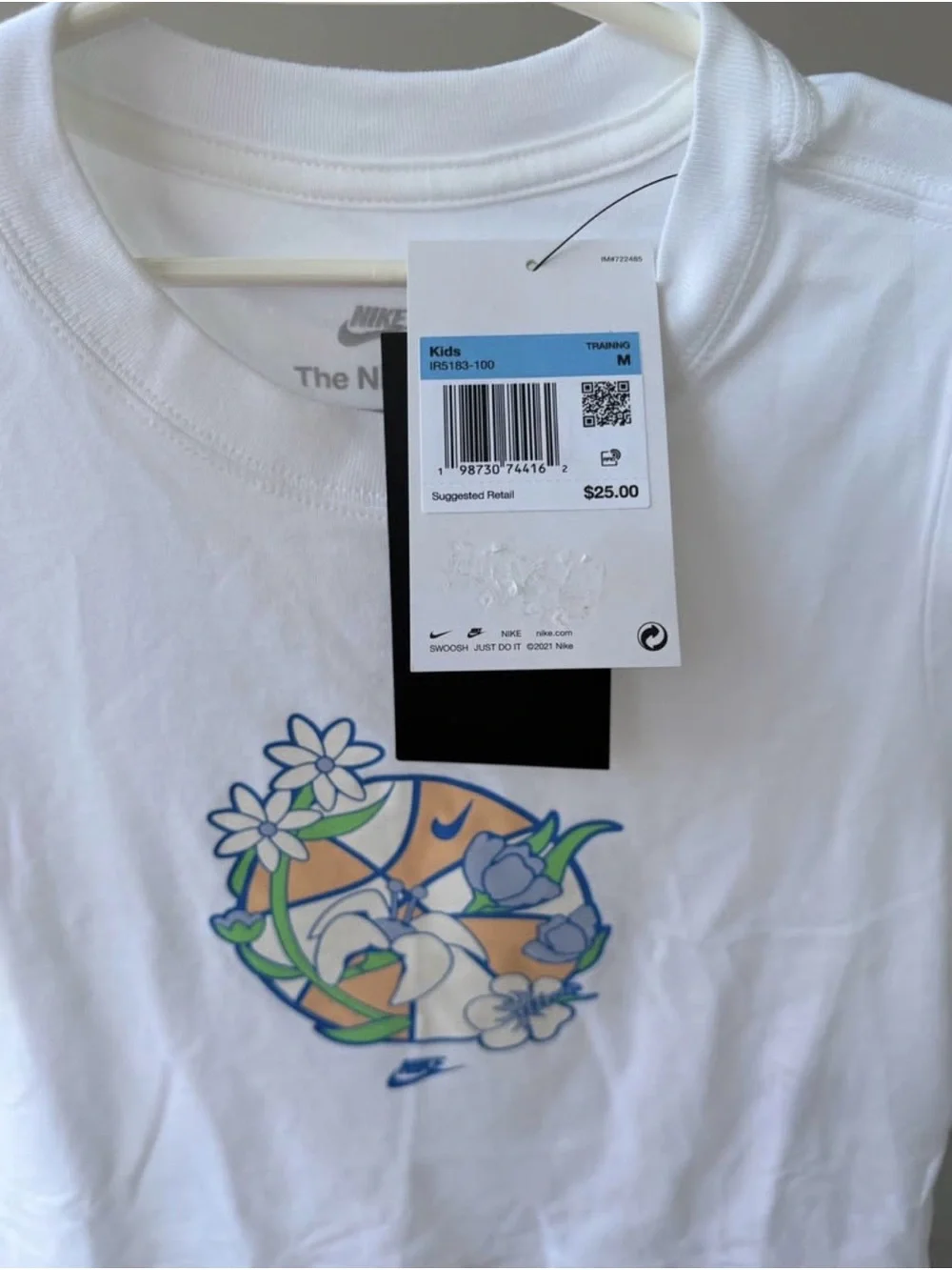 Nike White Girls Floral Graphic Crop Tee with Blue & Green Accents